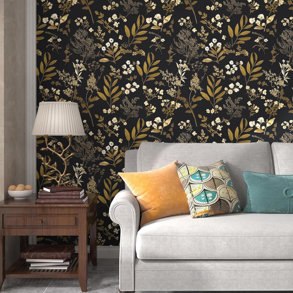 Vintage Floral Peel and Stick Wallpaper 17.5"x 393", Gold Black | Self Adhesive/Removable/Waterproof/Thick Vinyl
