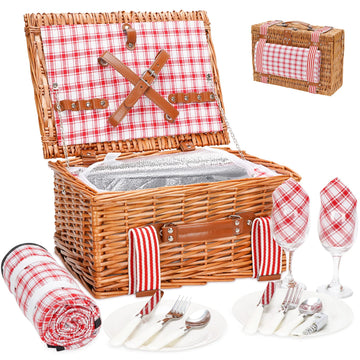 Willow Picnic Basket Set for 2 Persons with Blanket, Red Check