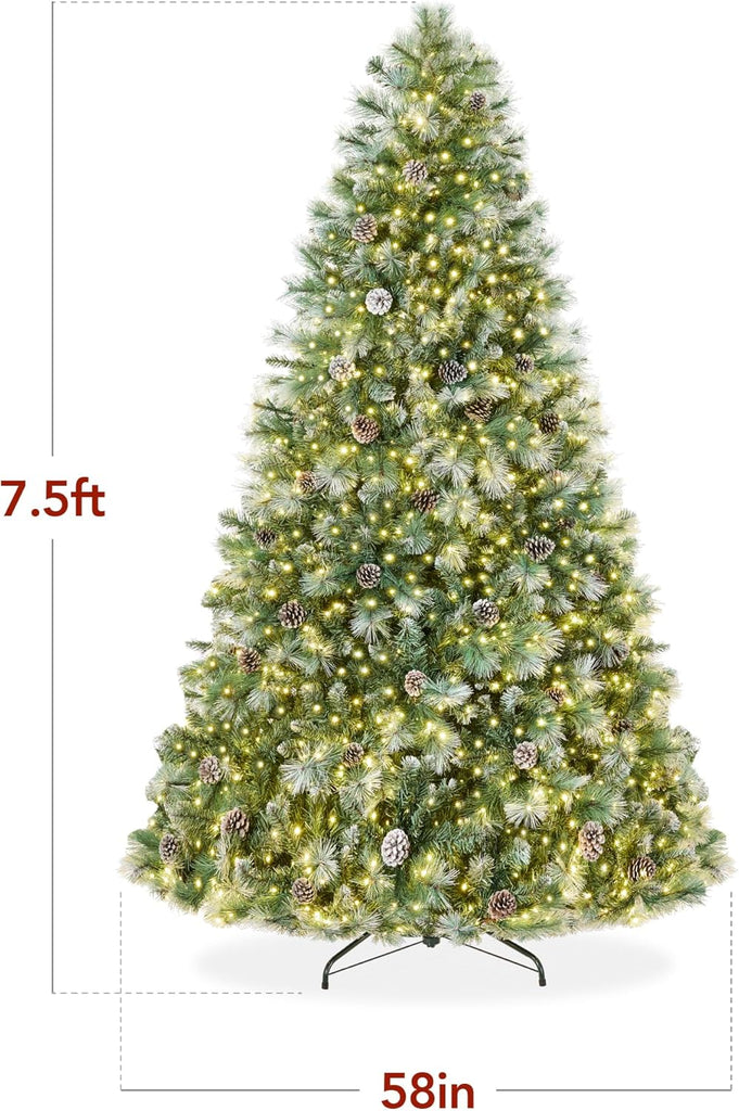 7.5ft Pre-Lit Scotch Pine Christmas Tree, Premium Frosted Pre-Decorated Artificial Holiday Decor w/ 1,320 Branch