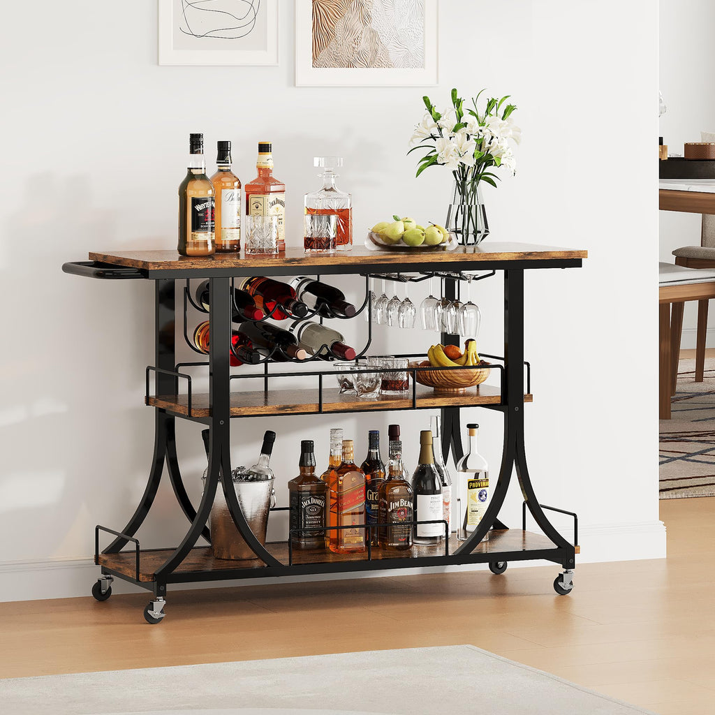 3-Tier Rustic Wooden Bar Cart with Wheels
