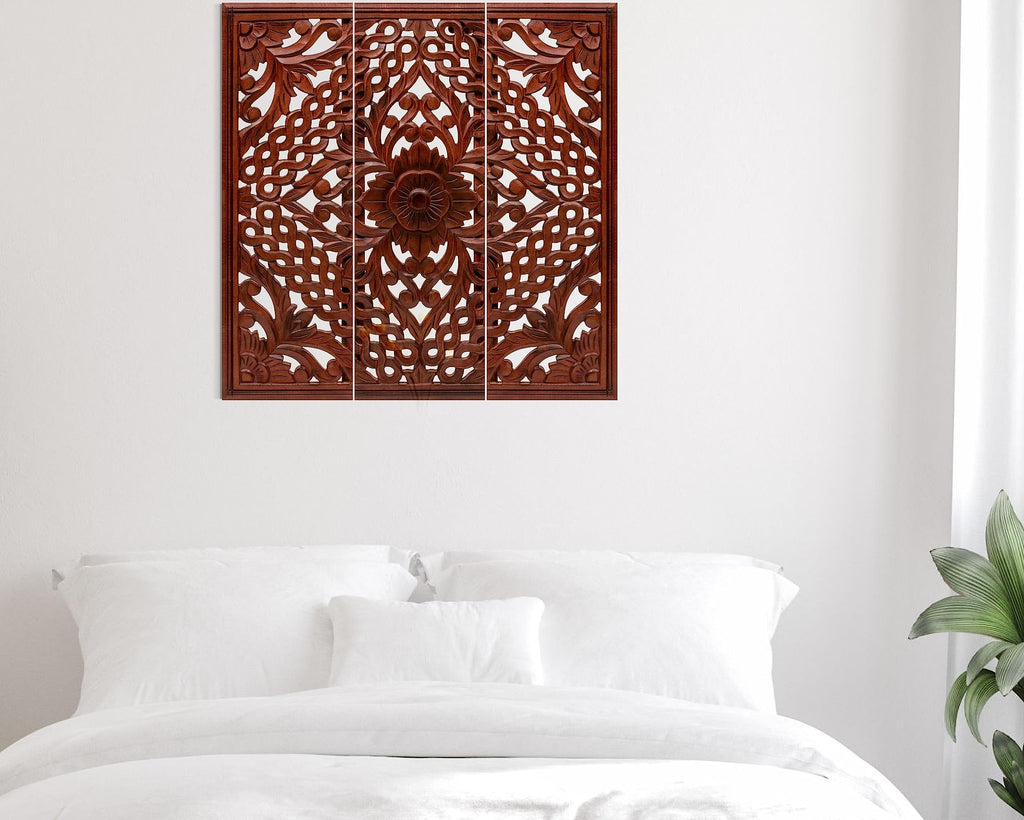 Moroccan-Chinese Wall Art - Set of 3 Handcrafted Floral Panels 36x12 Inch - Elegant Wooden Décor for Modern &