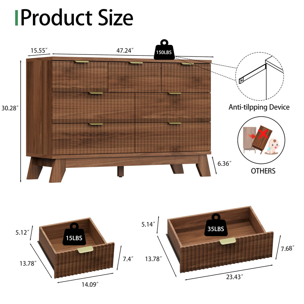 Fluted Dresser with 7 Drawers, 48" Wide Modern Chest of Drawers with Metal Handle, Wood Dresser TV Stand, Wooden