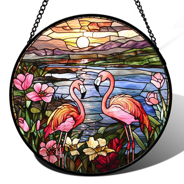 Stained Glass Window Hanging - Flamingo Wildflowers Landscape Suncatcher for Door Terrace Garden Home Decor Sunset