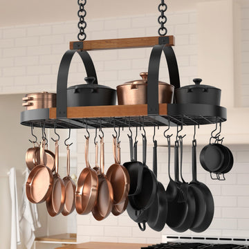 Natural Solid Wood 39 Inch Large Hanging Pot Rack, 130 LBS Capacity Heavy Duty Oval Pot and Pan Hanging Rack Ceiling
