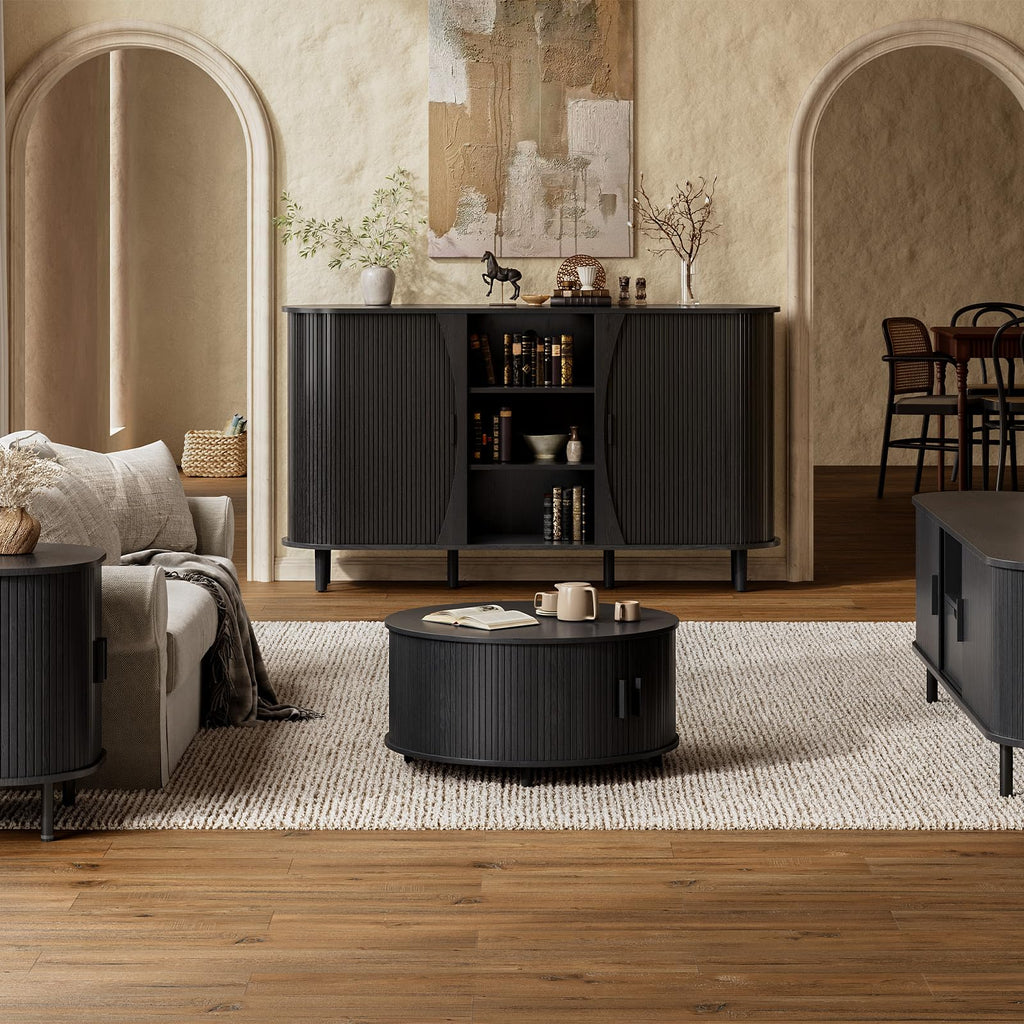 59" Curved Sideboard Cabinet with Storage Adjustable Shelf Black
