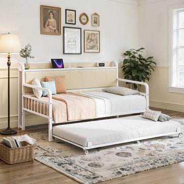Daybed with Trundle, Sturdy Metal Twin Day Bed Frame with Upholstered Storage Headboard and Charging Station and