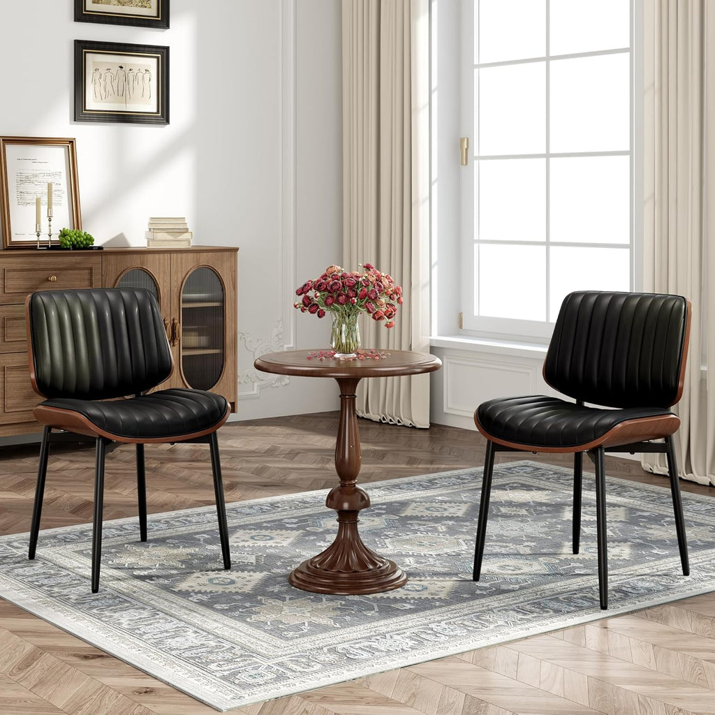 Leather Dining Chairs Set of 2, Modern Upholstered Dining Room Kitchen Chairs with Metal Legs and Wooden Back Support