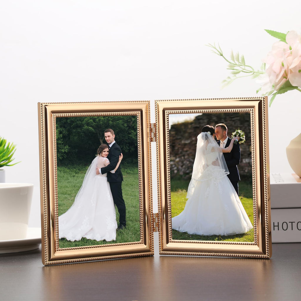 Classic Gold Plated 4x6'' Double Picture Frame, Metal Beaded Design, Real Glass Front and Premium Soft Velvet