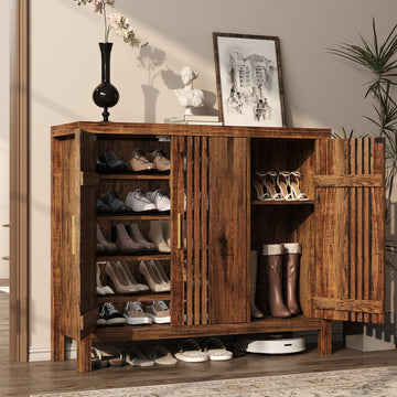 Wooden Shoes Cabinet with 3 Doors and Adjustable Shelves, Retro Freestanding Shoe Organizer Cabinet Hallway Living