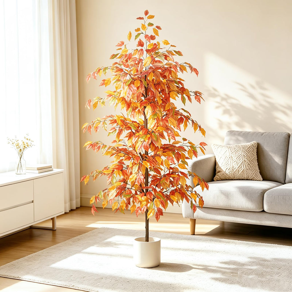 Artificial Ficus Tree 6FT, Faux Fall Tree with White Planter