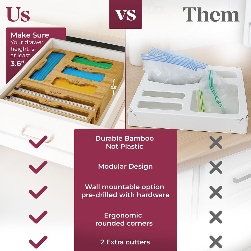 Bamboo Food Storage Bag Organizer for Drawer with Foil & Plastic Wrap Dispenser - Premium Detachable Kitchen