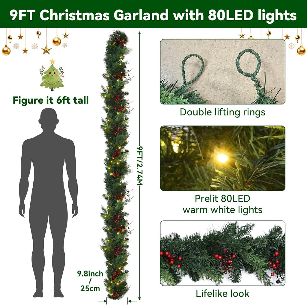 Prelit Christmas Garland with Lights 9FT 80LED Christmas Wreath Lights with Timer by Battery Operated Artificial