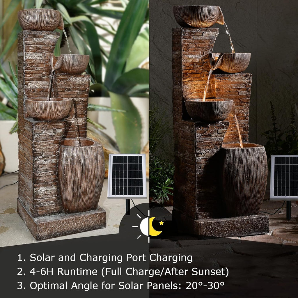 38.2" Tall Solar Powered Water Fountain,4 Tiers Modern Cascading Bowls and Stacked Stones Solar Fountains with LED