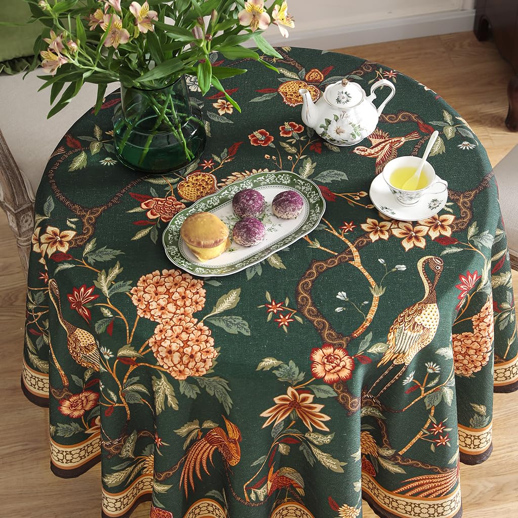 Designer Vintage Green Round Tablecloth, Diameter 67"