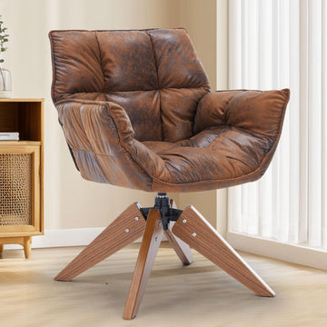 Mid Century Accent Chair No Wheel 360° Swivel PU Cozy Vanity Chair Wood Leg