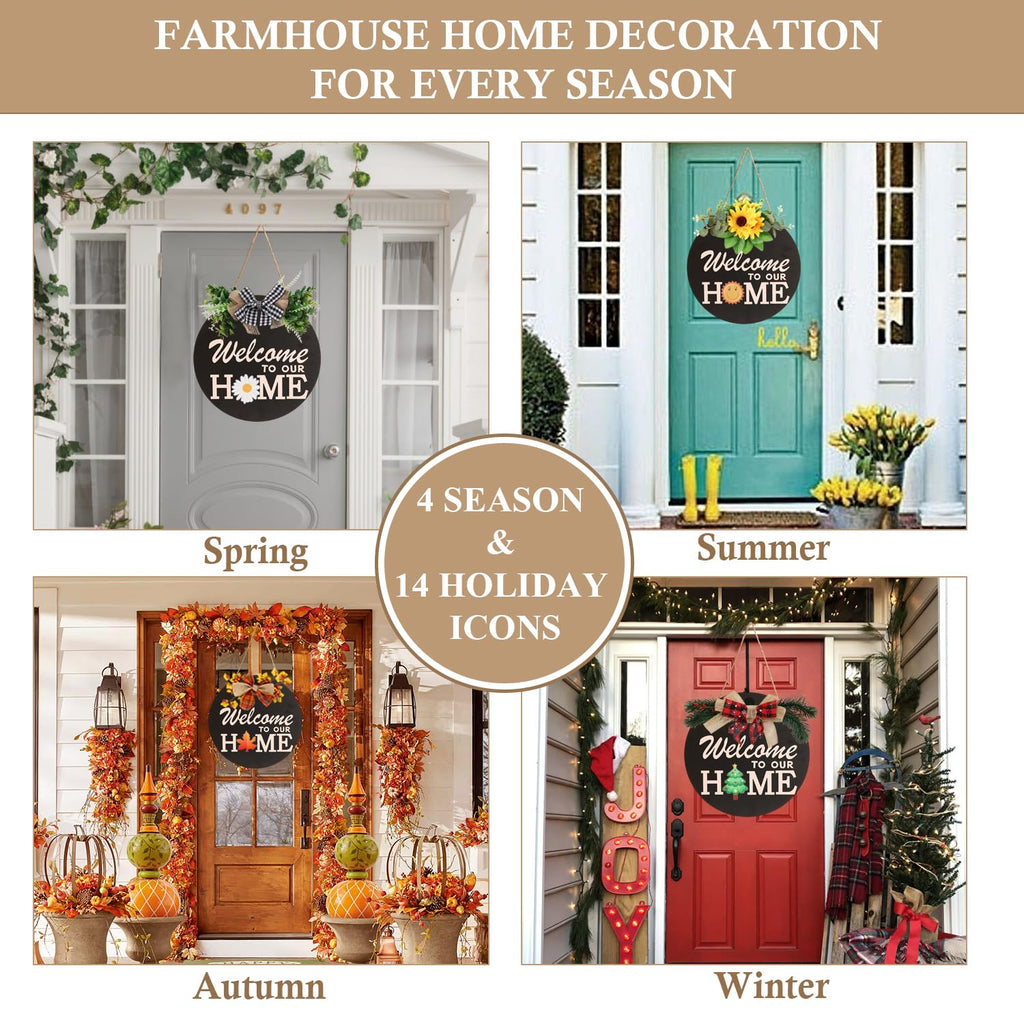 Interchangeable Welcome Sign for Front Door Decoration with 4 Seasonal Wreaths and 14 Holiday Icons, Black Welcome