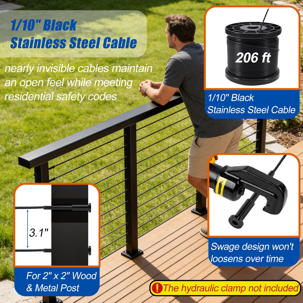 12-20 FT Black Cable Railing Post Kit with Handrail, 4 Pack 36" Level Posts