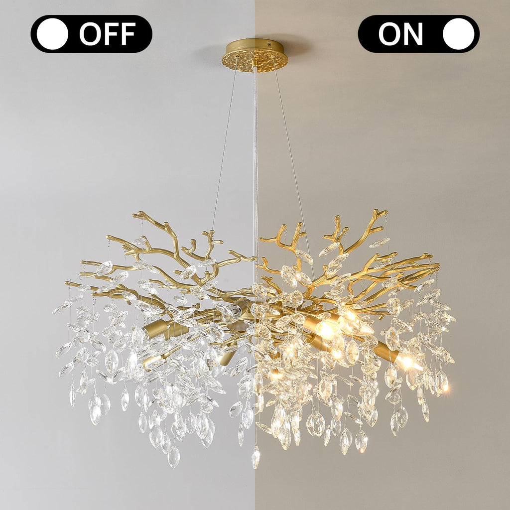 Gold Tree Branch Chandelier 32" 10-Light Modern Crystal Light Fixture