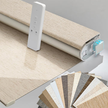 Smart Motorized Blinds with Remote, No Drill Automatic Roller Shades for Indoor Windows, Blackout Linen Fabric