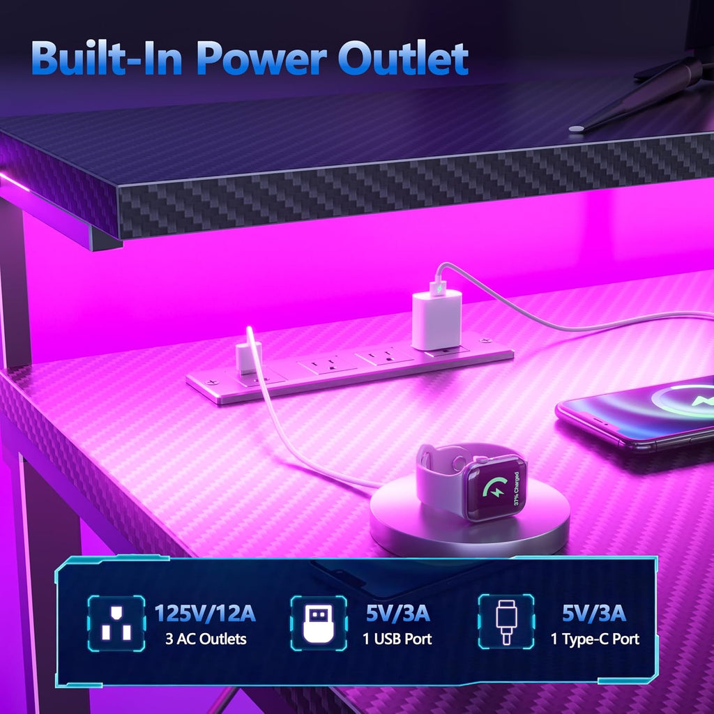63 Inch Gaming Desk with Bluetooth LED Lights & Power Outlets,Computer Desk with Fabric Drawers & Hooks,Reversible
