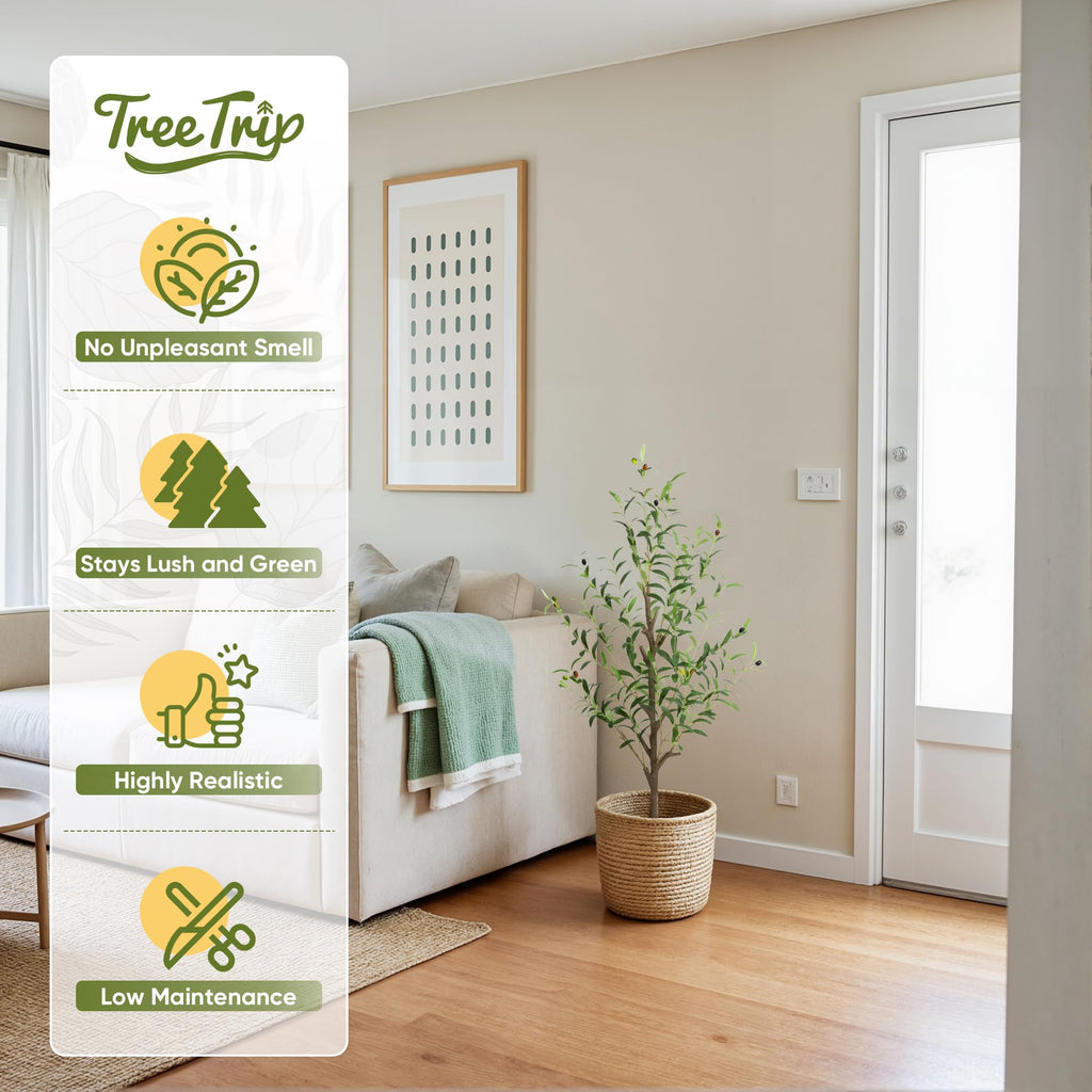 Olive Tree Artificial Indoor, 4 FT Faux Olive Trees with Planter, Fake Plants with Natural Trunk and Lifelike Fruits