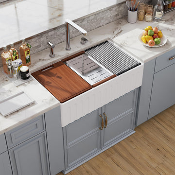 30 White Farmhouse Sink Reversible Workstation, Undermount Farm Kitchen Sink 30x20 inch Apron Front White Porcelain