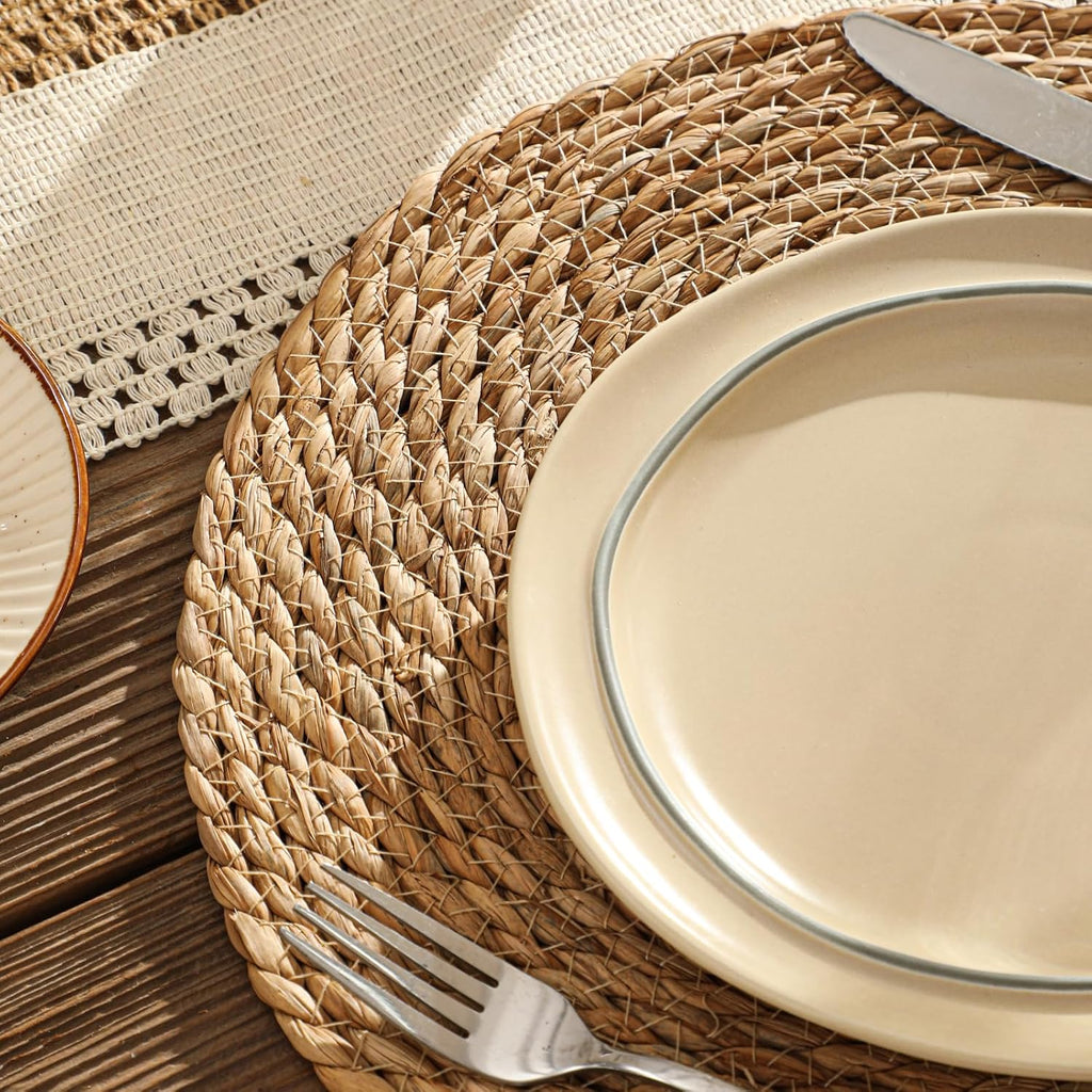 13.8'' Round Woven Placemats Set of 6, Boho Wicker Chargers, | Handmade from Natural Water Hyacinth, Heat-resistant &