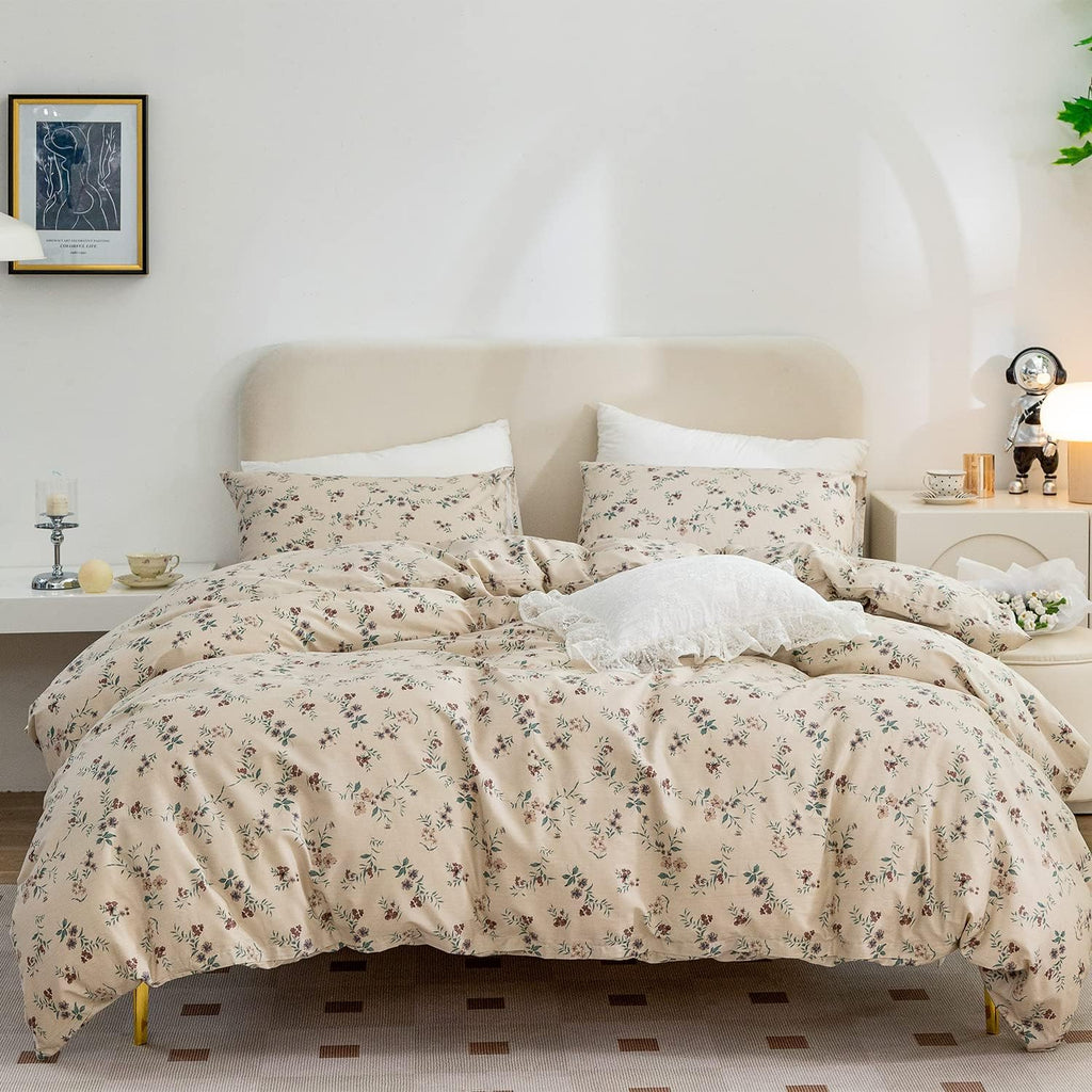 Duvet Cover Floral, Brushed Microfiber 3 Pieces Bedding Set, Garden Style Vintage Floral Duvet Cover