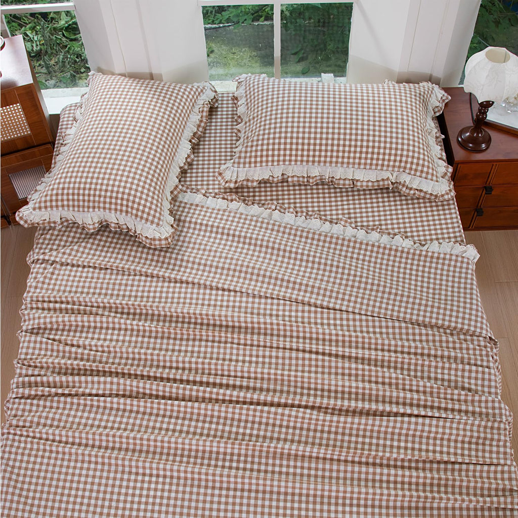 100% Washed Cotton Sheet Set, Taupe Gingham Ruffle, 4 Pieces