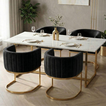 Black and Gold Barrel Dining Room Chairs Set of 4, Modern Velvet Upholstered Accent Chairs with Curved Back Island