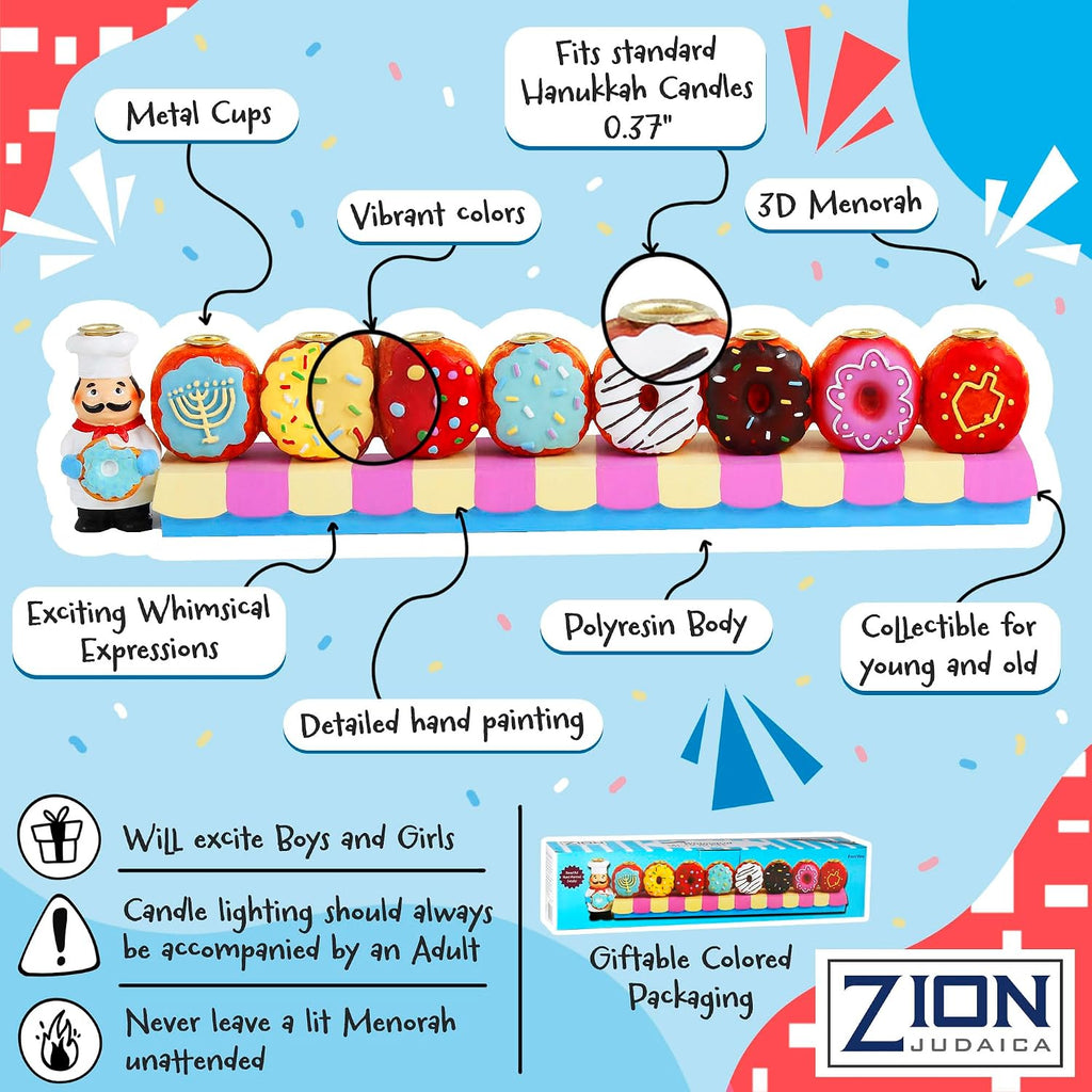 Zion Judiaca Doughnuts for Children Candle Hand-Painted Chanukah Sofganiyot Chanukiah for Kids Fits Standard Hanukkah