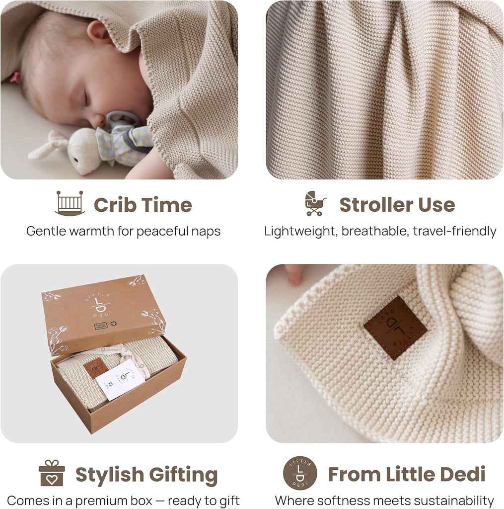 Organic Cotton Baby Blanket 30x40, Stone - GOTS Certified, Soft Knit Swaddle with Gift Box, Breathable Nursery