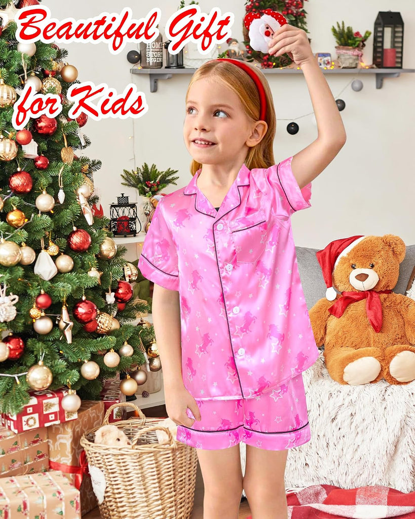 Kids Girls Pajama Set Silky PJS Button-Down Sleepwear Nightwear Loungewear Clothes Set Gifts