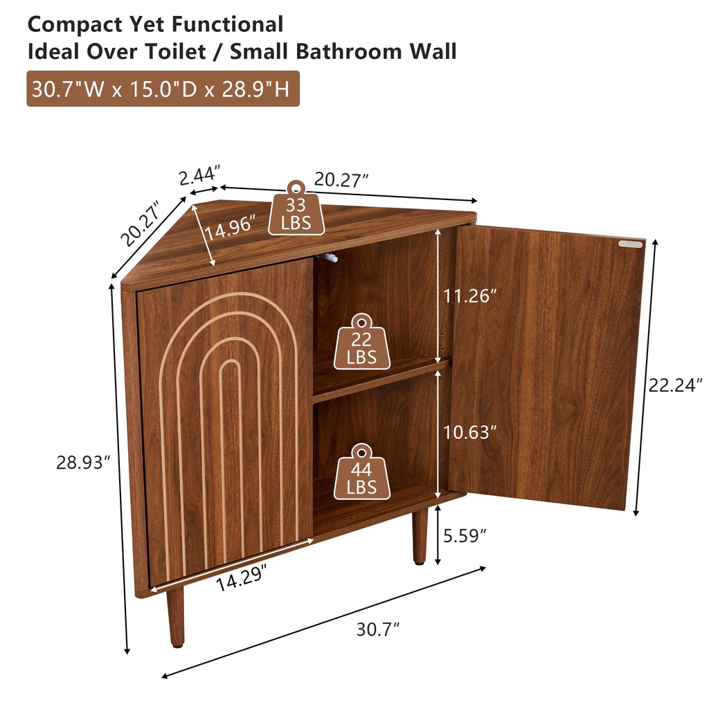 31" Corner Storage Cabinet, Arched Fluted Corner Sideboard with Doors