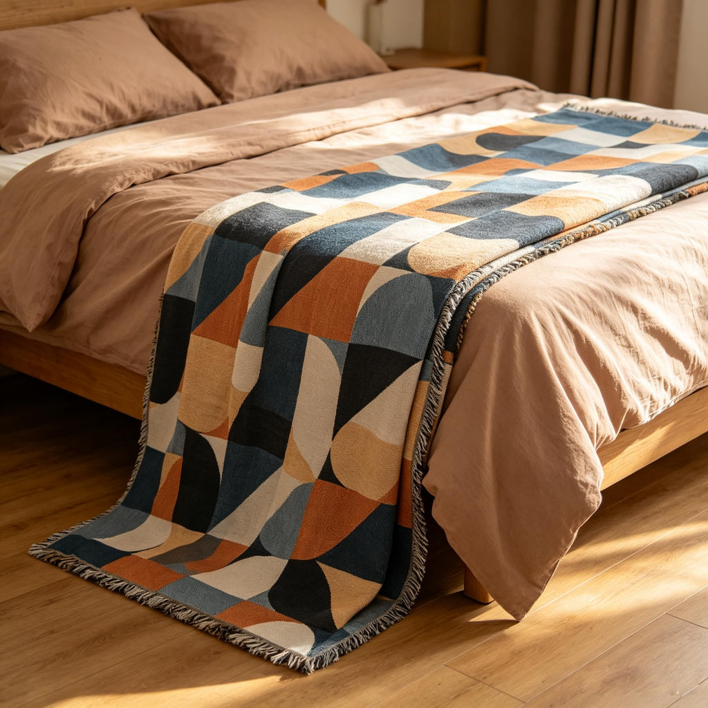 Beige Bohemian Sofa Throw Blankets Ethnic Woven Boho Geometric Multicolor Blue and Orange Throw Blanket for Couch