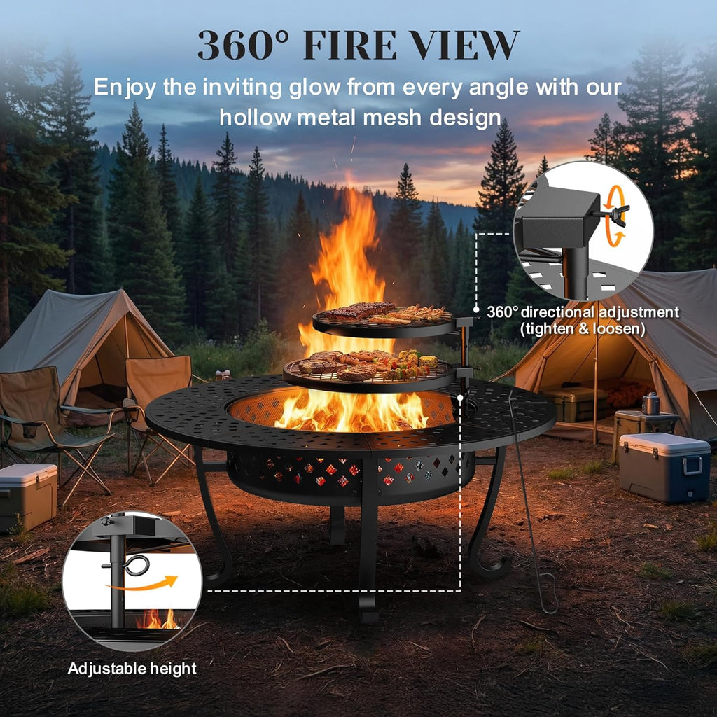 Outdoor Fire Pit, 43" Fire Pit for Outside Wood Burning with Adjustable 2 Grills, Firepit with Lid and Fire Poker, BBQ
