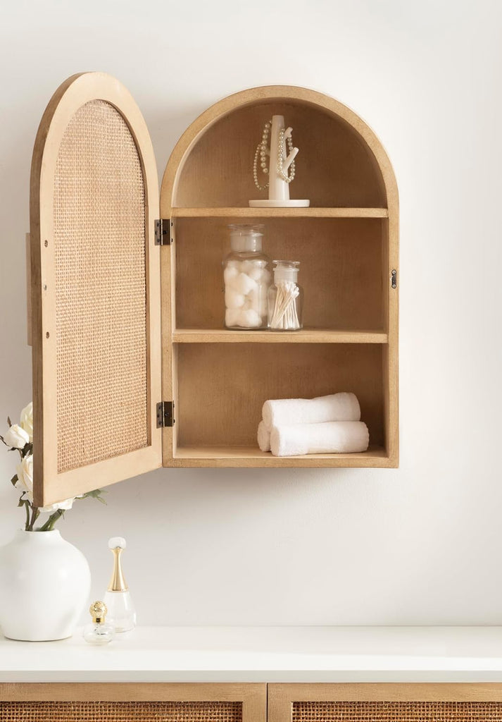 Ori Transitional Cane One-Door Arched Wall Cabinet, 15 x 8 x 24, Natural, Decorative Rattan Wall Storage Cabinet with
