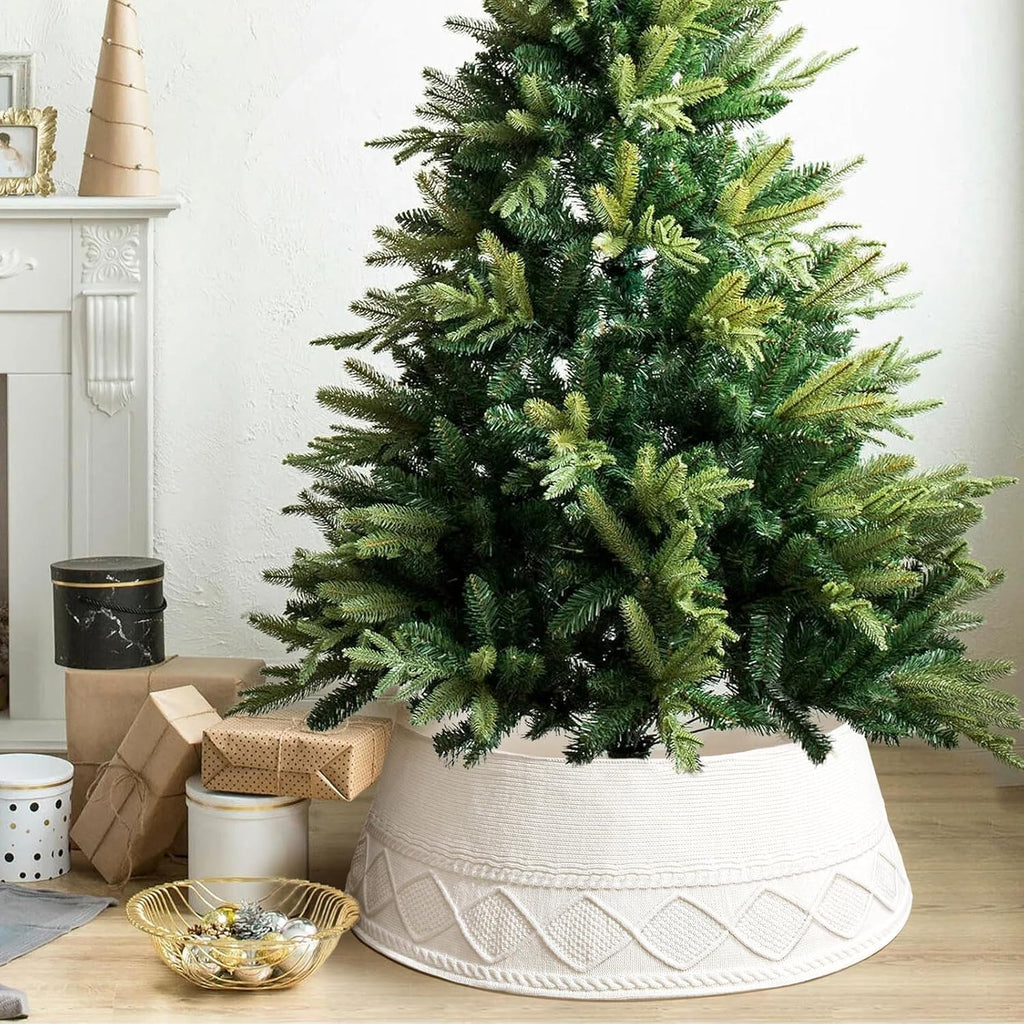 Knit Christmas Tree Collar White 30 Inches Ivory Tree Skirt Ring Tree Basket Plastics Sheets with Collar Cover