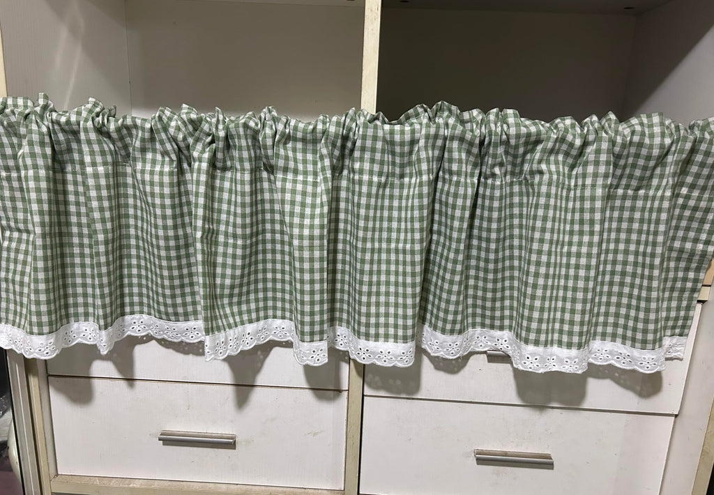 Short Curtain for Small Window Cotton Farmhouse Rustic White Green Plaid Check Gingham White Lace Window Treatment