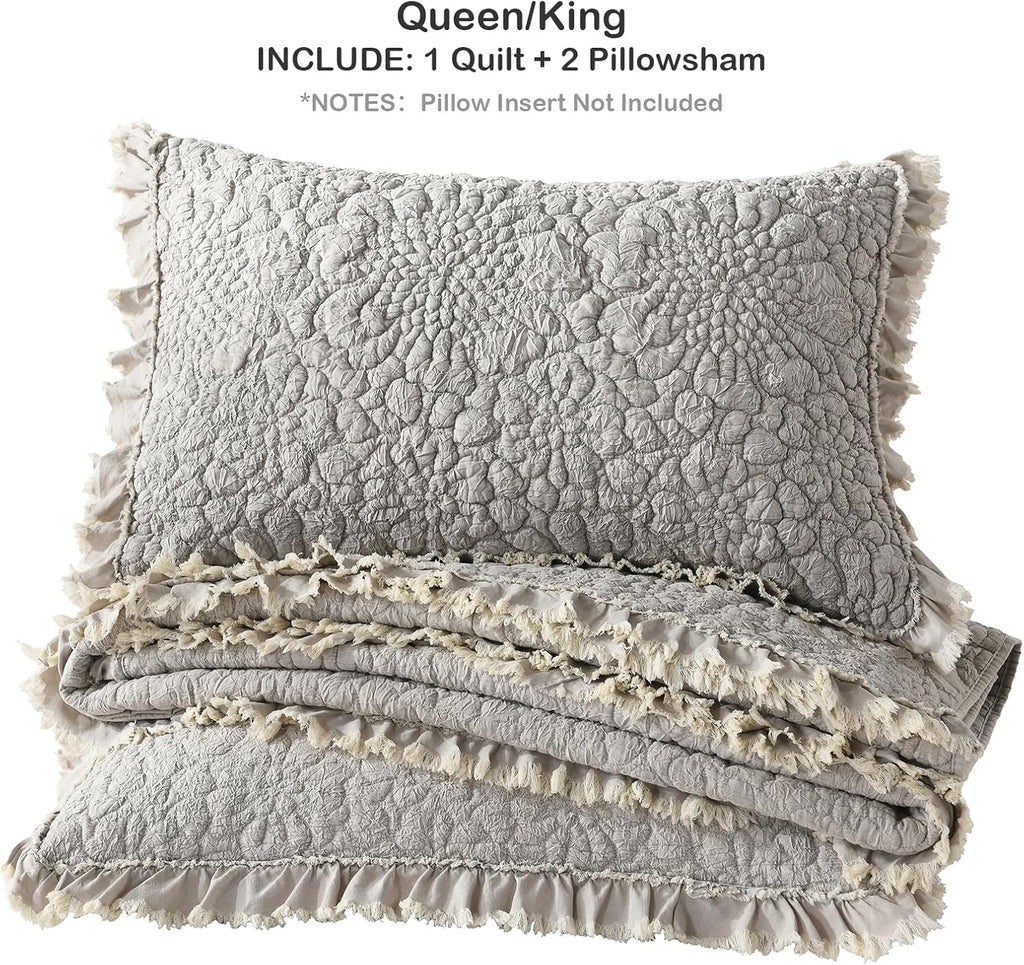 Beige Ruffled Quilt Queen, Stone-Washed Microfiber Lightweight Crinkled Farmhouse Rustic Shabby Chic Bedding Set, 3