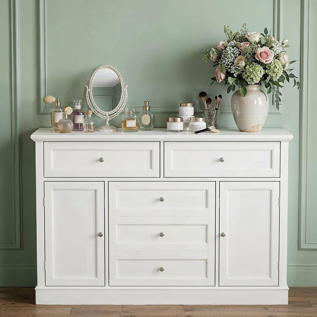 46" Baby Dresser with Changing Table Top, White Dresser with Storage Drawers and Doors , Multifunctional Nursery Baby