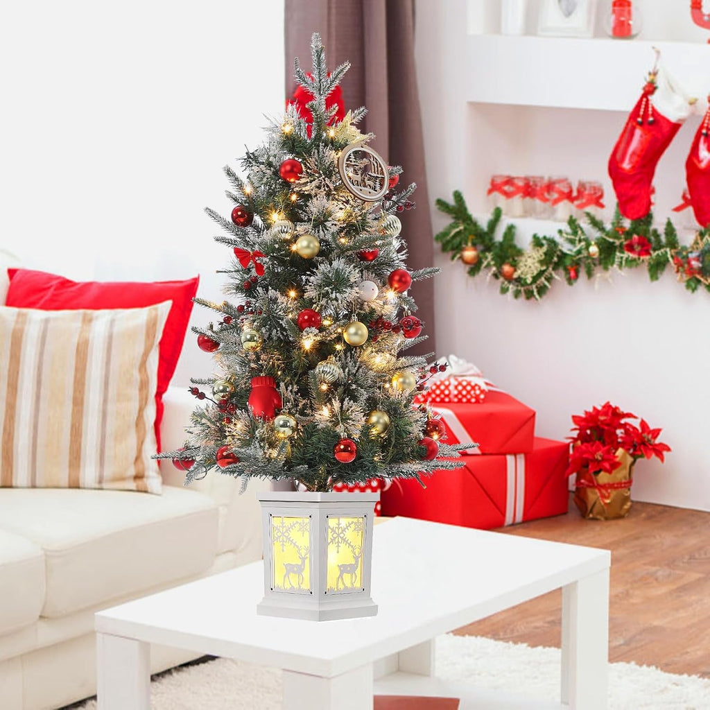 Pre-Lit Artificial Mini Christmas Tree, 3FT Small Flocked Christmas Tree