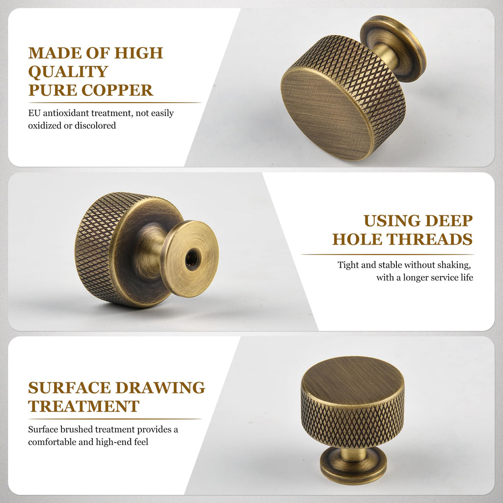 1.1" Knurled Solid Brass Cabinet Knobs, Antique Brass 5-Pack