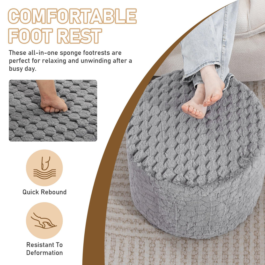 Round Pouf Ottoman, Soft Faux Rabbit Fur Poufs, One-Piece Sponge Foot Rest
