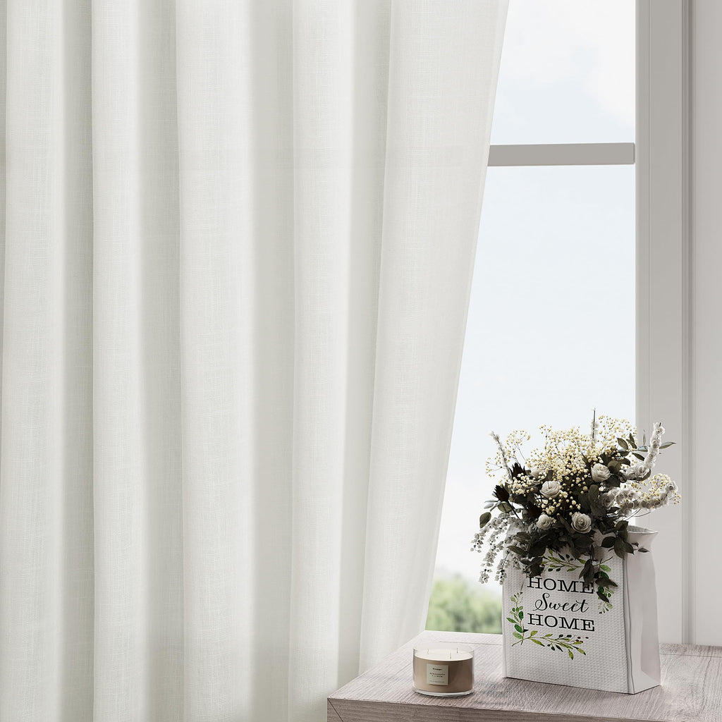 Ivory Linen Blend Light Filtering Curtains 86 Inch Length 2 Panel Set Pocket Back Tab Privacy Semi Sheer Decorative