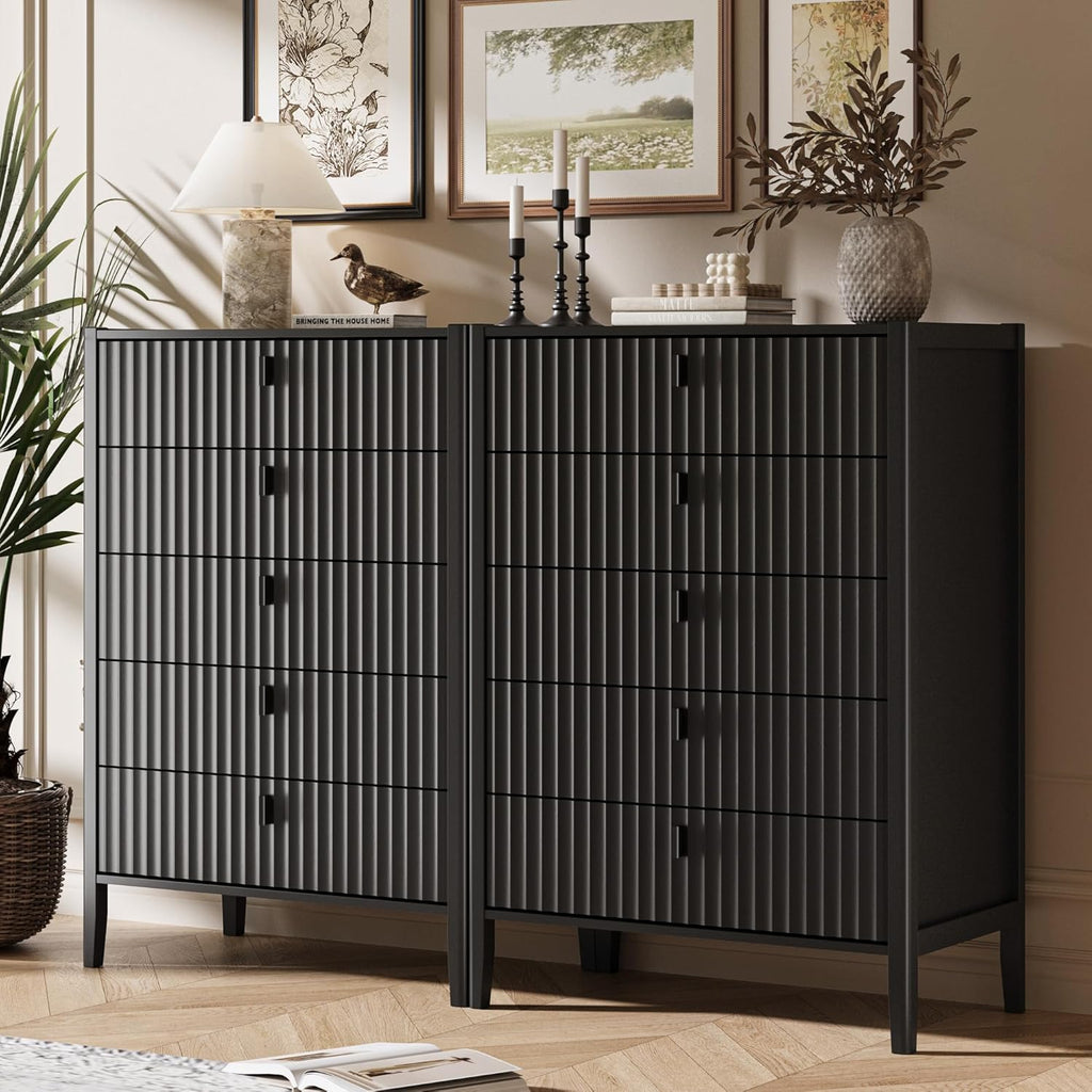 Black 5 Drawer Dresser, Modern Tall Dresser , Fluted Wood Chest of Drawers with Deep Drawers for Clothes, Storage