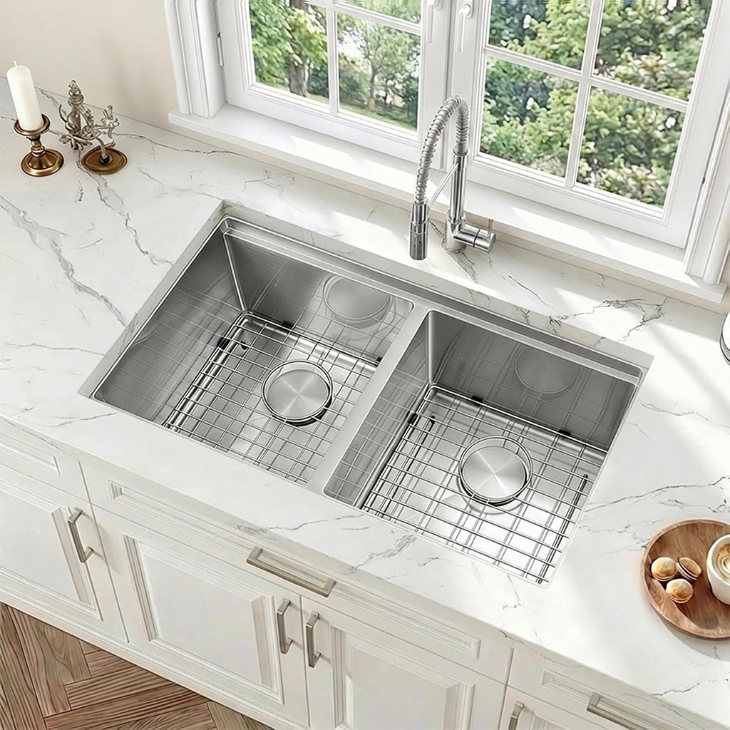 32 Inch Sink Undermount Double Bowl, 16 Gauge 50/50 Double Bowl Stainless Steel Workstation Sink, 32"x18"x10" Large