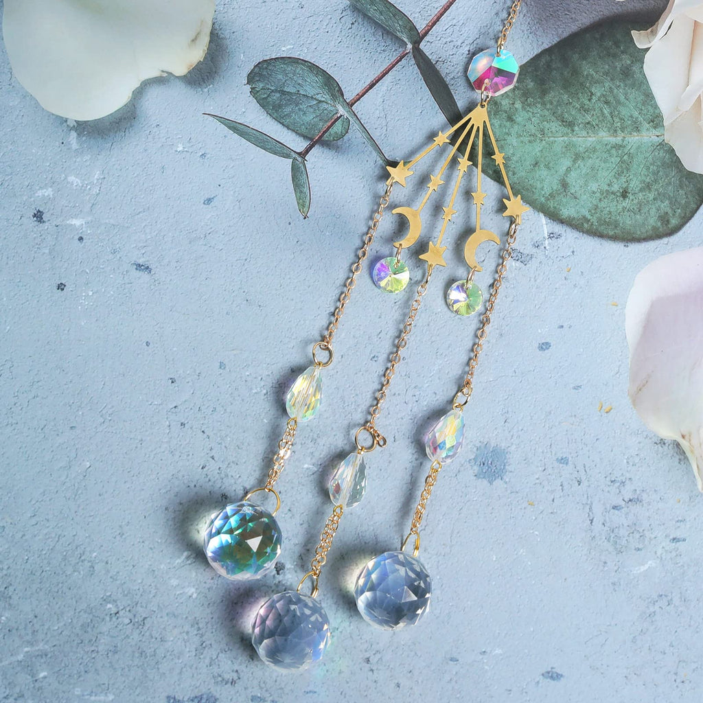 Crystal Suncatcher with Ball Star Prisms Pendant Handmade Metal Half Moon Suncatcher Hanging Ornament Craft Gifts for