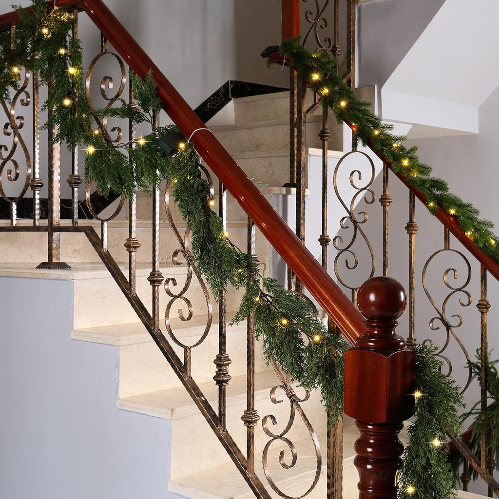 6.2 FT Prelit Christmas Cedar Garland 2 PCS, Realistic Artificial Pine Needle Faux Cypress Greenery with 20 Lights