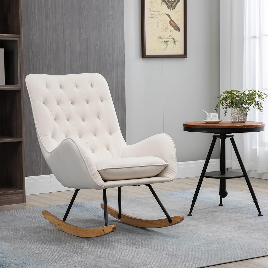 Fabric Rocking Chair, Mid-Century Wingback Accent Chair, Cream White | Armchair, Tufted, Rocker, Padded Seat, Rubber